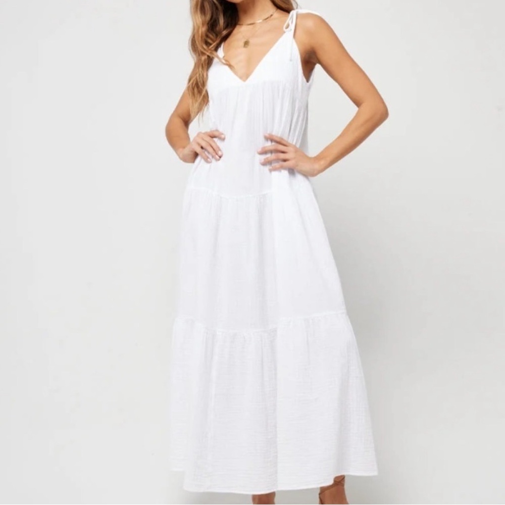 100% Cotton L*Space A-Line Tie Knot Tiered White Maxi Dress